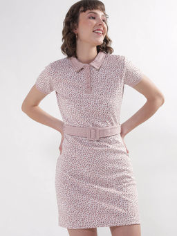 ELLE - Women Beige Printed Spread Collar Short Sleeve Regular Fit T-Shirt Dress with Belt