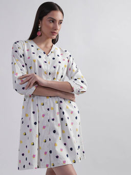 ELLE - Women White Polka V-Neck 3/4Th Sleeve Regular Fit Dress with Belt