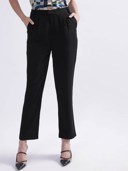 ELLE - Women Black Solid High Rise Regular Fit Stretchable Pleated Pant