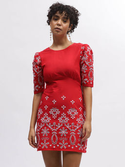 ELLE - Women Red Embroidered Round Neck Short Sleeve Fit & Flare Dress