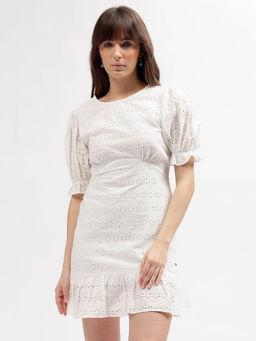 ELLE - Women White Embroidered Boat Neck Short Sleeve A-Line Tiered Dress