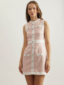 ELLE - Women Pink Self Design Round Neck Sleeveless Fitted A-Line Dress