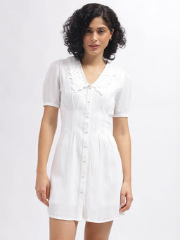 ELLE - Women White Textured V-Neck Fit & Flare Shirt Dress with Camisole