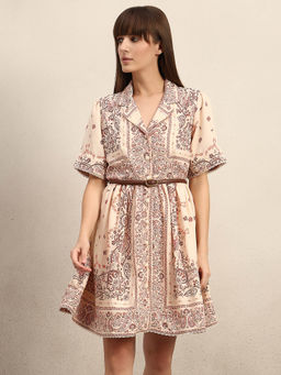 VERO MODA - Beige Boho Printed Shirt Dress with Belt