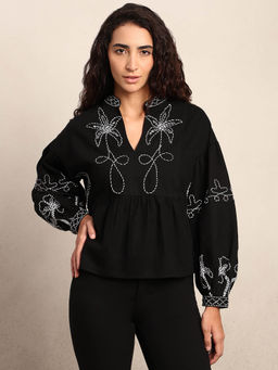 VERO MODA - Black Embroidered Mandarin Neck Top