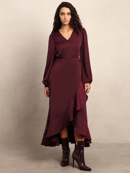 VERO MODA - Maroon Ruffle Detail V-Neck Midi Dress