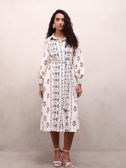 VERO MODA - White Printed Midi Shirt Dress with Belt