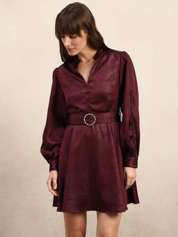 VERO MODA - Maroon Puff Sleeves Mini Dress with Belt