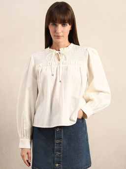 VERO MODA - White Smocked Long Sleeves Cotton Top