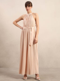 VERO MODA - Beige Pleated Halter Neck Jumpsuit with Belt