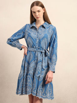 VERO MODA - Blue Embroidered Cotton Shirt Dress with Belt