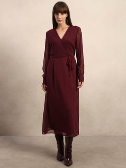 VERO MODA - Maroon Wrap Midi Dress with Belt