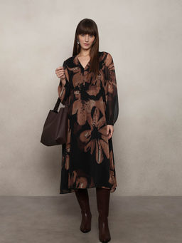 VERO MODA - Brown Floral Midi V-Neck Dress