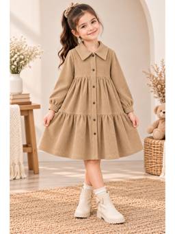 AWW HUNNIE - Beige Poly Courdroy Full Sleeves Collar Front Button Style Pre Winter Dress