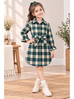 AWW HUNNIE - Green Woolen Full Sleeves Long Shirt Dress With Belt