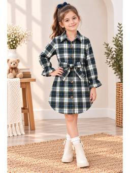 AWW HUNNIE - Blue Woolen Full Sleeves Long Shirt Dress With Belt