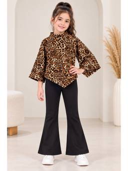 AWW HUNNIE - Brown Poly Woolen Full Sleeves Animal Print Top With Bell Pant