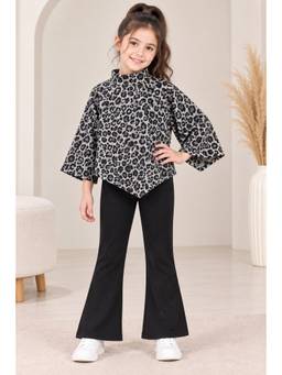 AWW HUNNIE - Grey Poly Woolen Full Sleeves Animal Print Top With Bell Pant