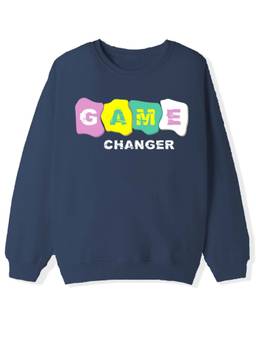 KAVEE - Navy Blue Cotton Terry Full Sleeves Biowashed Sweatshirt With Game Text Print