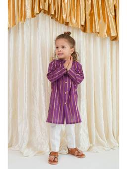 TIBER TABER - Purple Lurex Embroidered Mandarin Neck Stripes 1 Kurta, 1 Pyjama