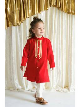 TIBER TABER - Red Viscose Embroidered Mandarin Neck Solid/Plain 1 Kurta, 1 Pyjama