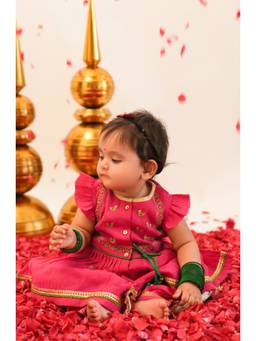 TIBER TABER - Pink Flower Embroidered Chanderi Angrakha With Salwar