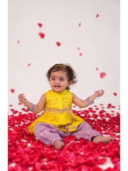TIBER TABER - Yellow Flower Embroidered Chanderi Angrakha With Salwar