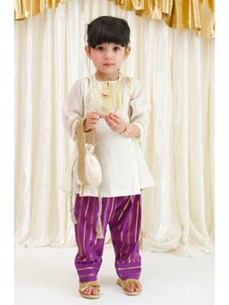 TIBER TABER - White Viscose Embroidered Round Neck Solid/Plain 1 Kurta, 1 Salwar