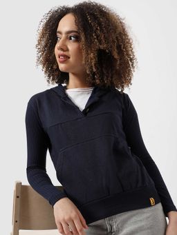 Campus Sutra - Women Navy Blue Buttoned Sweatshirt