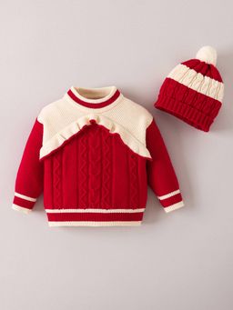 Hopscotch - Girls Red Acrylic High Neck Sweater with Hat