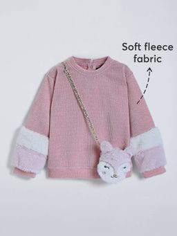 Hopscotch - Girls Pink Cotton Blend Round Neck Sweatshirt with Bag