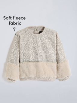 Hopscotch - Girls Beige Cotton Blend Round Neck Sweatshirt