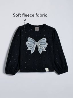 Hopscotch - Girls Black Cotton Blend Round Neck Sweatshirt