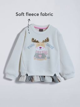 Hopscotch - Girls White Cotton Blend Round Neck Sweatshirt