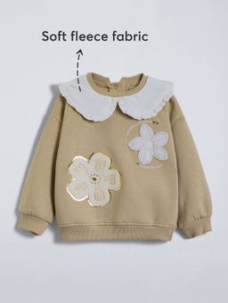 Hopscotch - Girls Beige Cotton Blend Collar Neck Sweatshirt