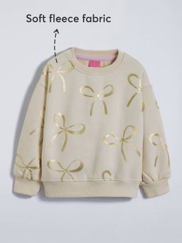 Hopscotch - Girls Beige Cotton Blend Round Neck Sweatshirt