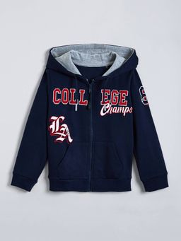 Hopscotch - Boys Navy Blue Cotton Hooded Hoodie