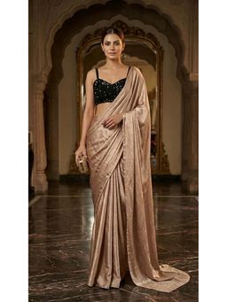 HANDME - Mocha Satin Saree with Sequins Unstitched Blouse with Unstitched