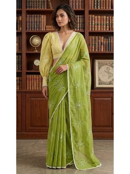 HANDME - Olive Chanderi Embroidered Saree with Unstitched Blouse with Unstitched
