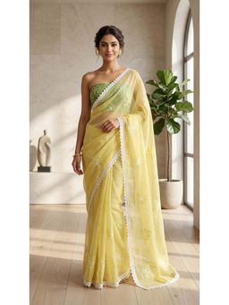HANDME - Lemon Bloom Mul Chanderi Embroidered Saree with Unstitched Blouse with Unstitched