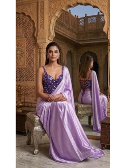 HANDME - Ready To Wear Lilac Satin Saree with Sequins Unstitched Blouse with Unstitched