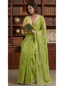 HANDME - Ready To Wear Olive Mul Chanderi Embroidered Saree with Unstitched Blouse with Unstitched