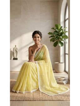 HANDME - Ready To Wear Lemon Chanderi Embroidered Saree with Unstitched Blouse with Unstitched