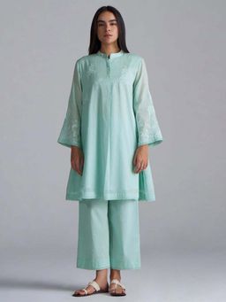 Ganga Fashions - Aqua Blue Mul-Mul Embroidered Kurta Set