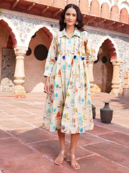 Indisangam - Beige Pintuck Dori Cotton Dress