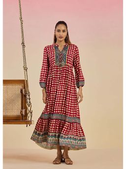 Lakshita - Maroon Checkered Print Rayon Flared Dress