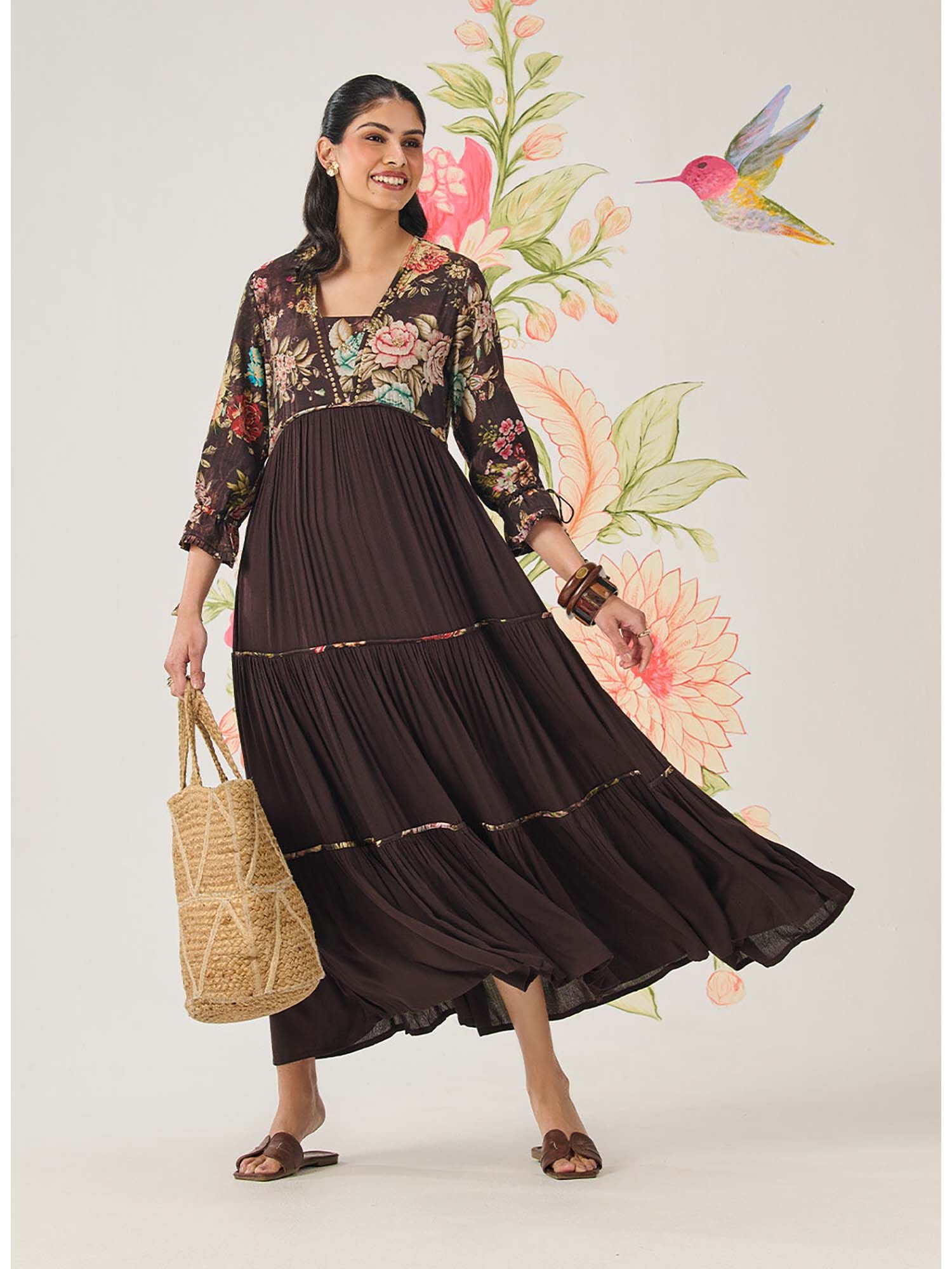 lakshita Brown Chanderi Printed Tiered Dress-picture-28