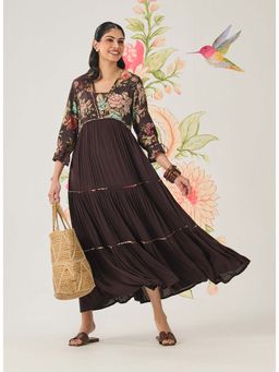 Lakshita - Brown Chanderi Printed Tiered Dress
