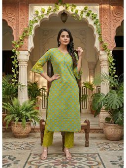 DECKEDUP - Green Straight Printed Kurta Set (S)