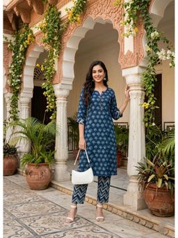 DECKEDUP - Indigo Cotton Printed Casual Straight Kurta Set (S)